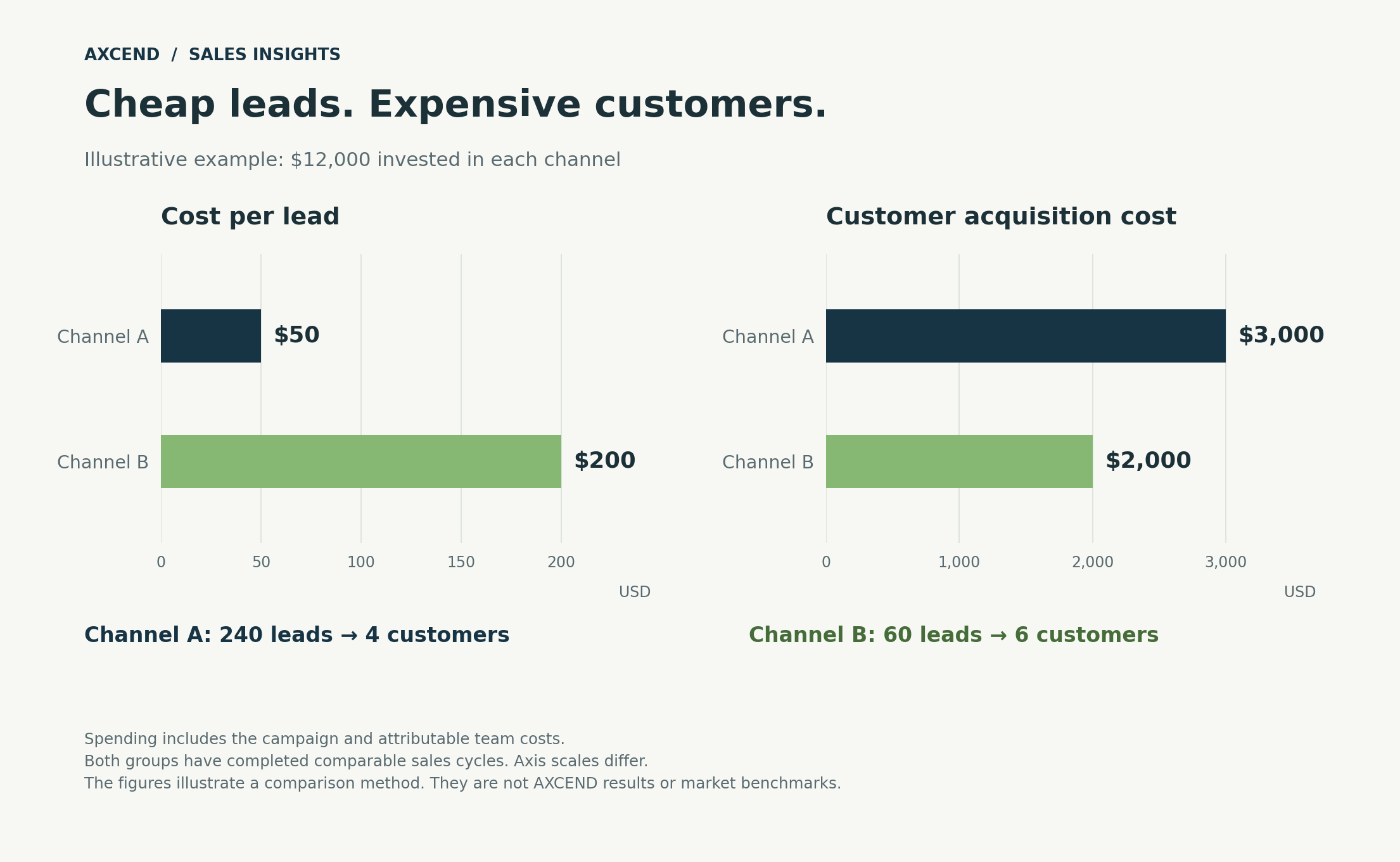 Two hypothetical channels compared by cost per lead and customer acquisition cost